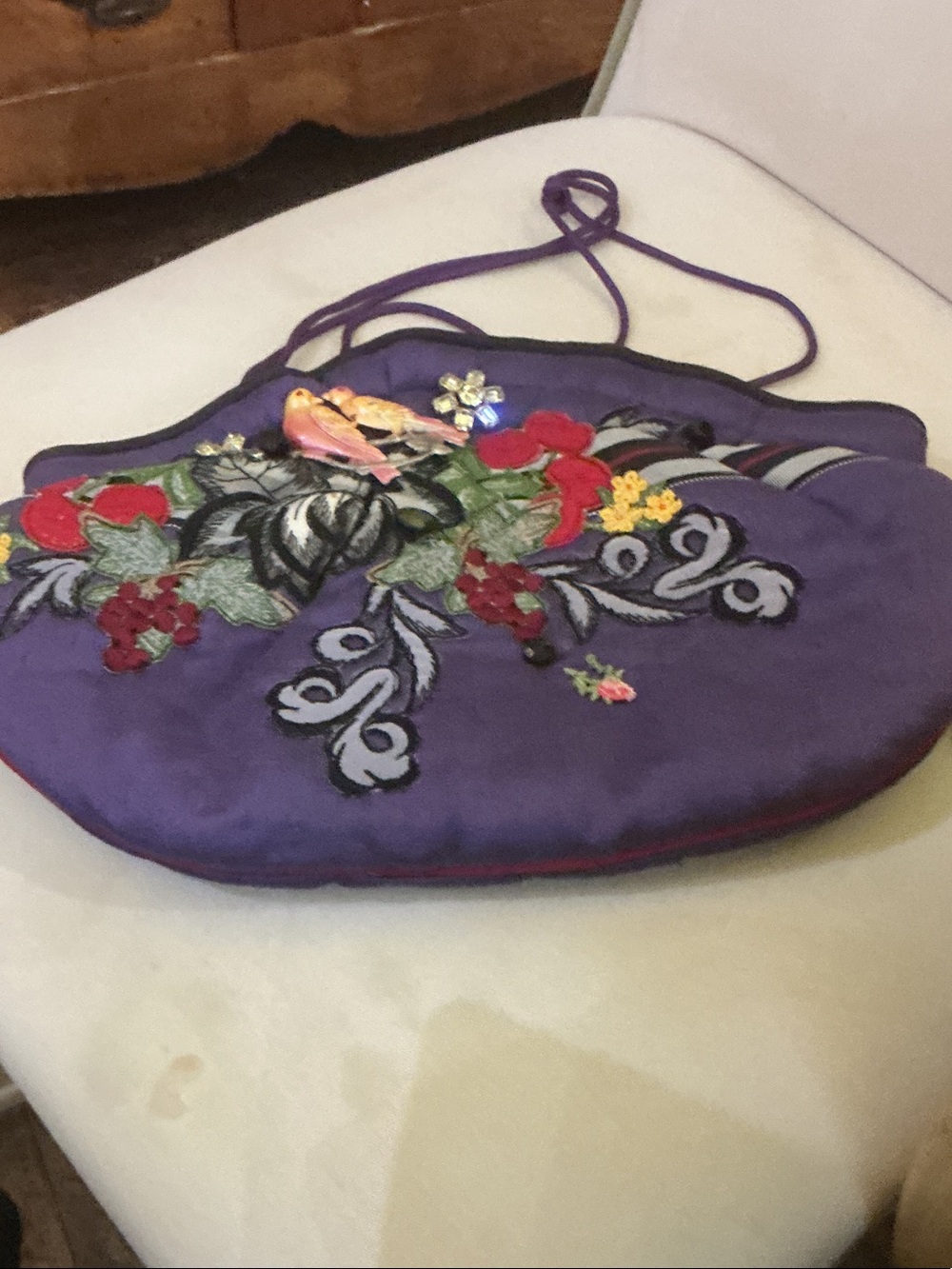Purple Embroidered Floral Shoulder Bag with Bird Accent